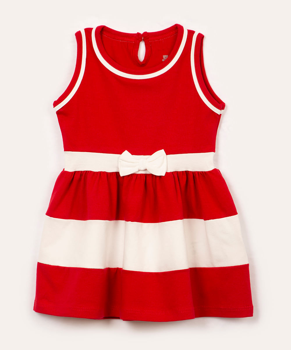 vestido de algodão infantil com recorte e laço vermelho