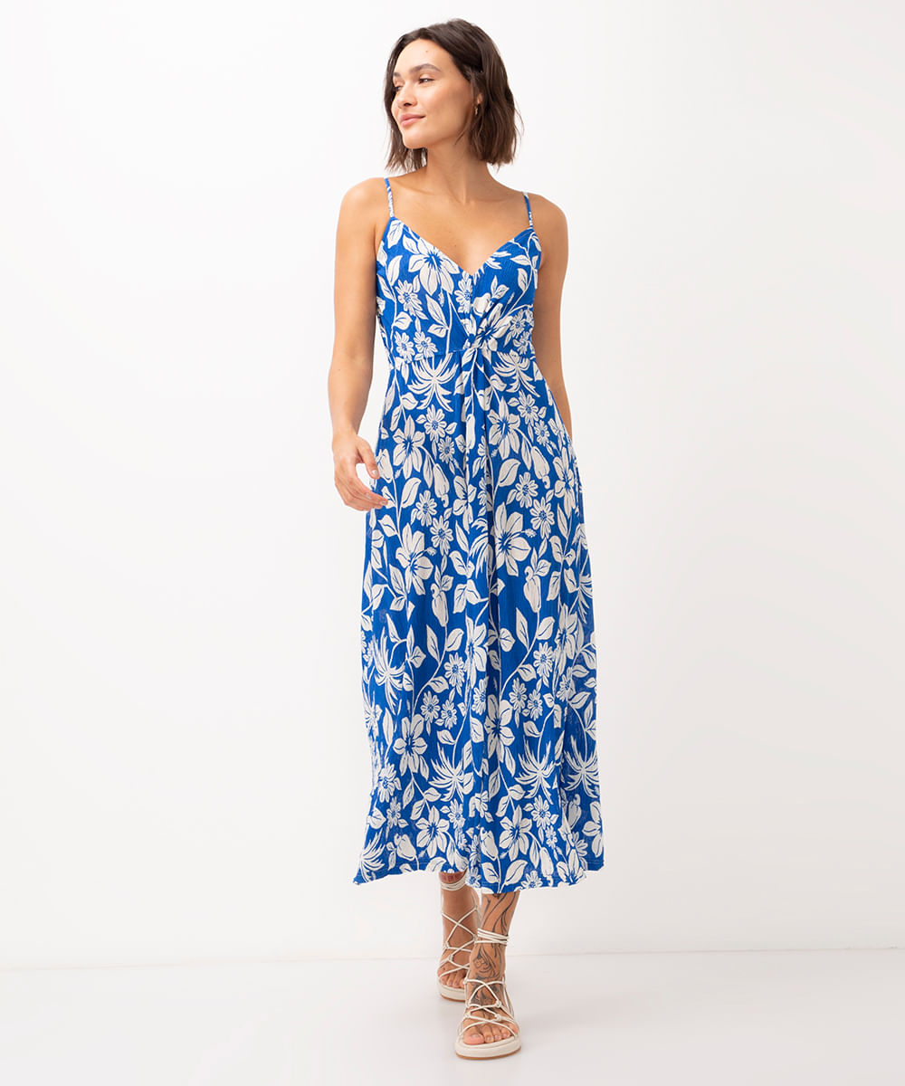 vestido midi floral plissado alça fina azul