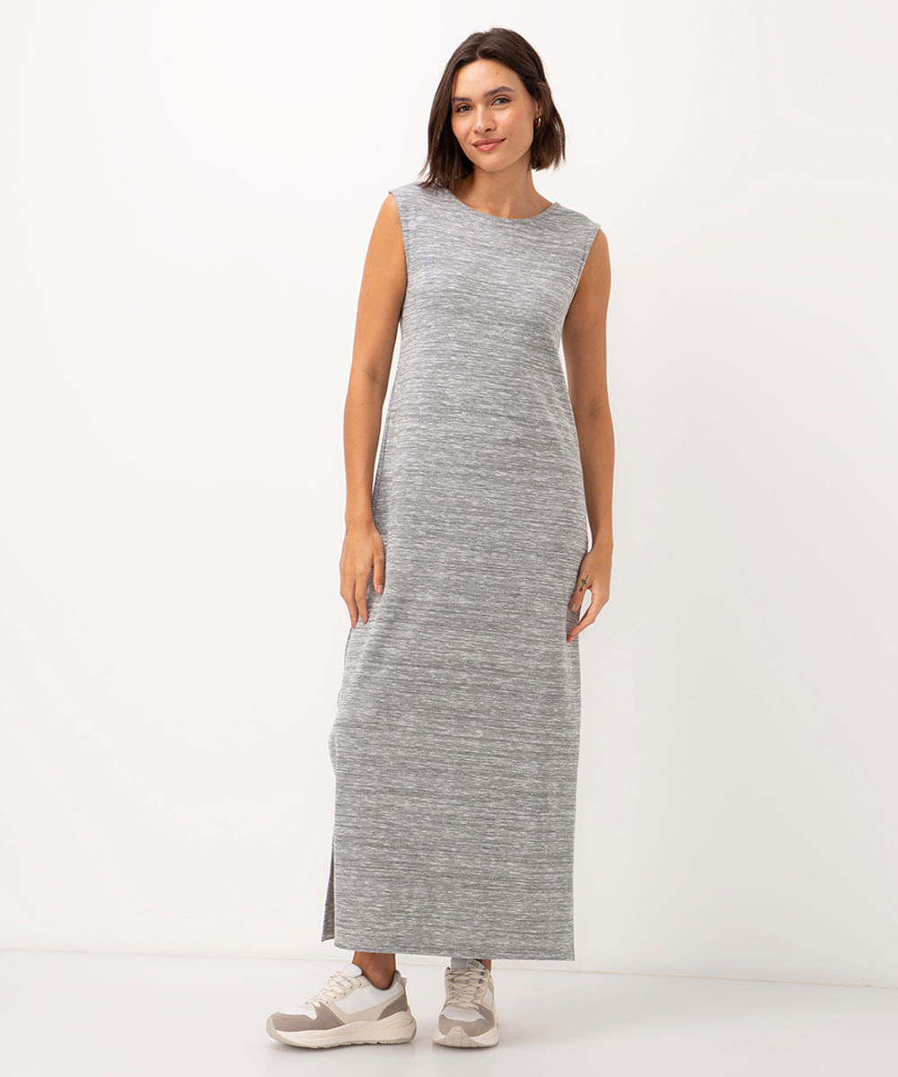 vestido longo cavado com fenda cinza mescla
