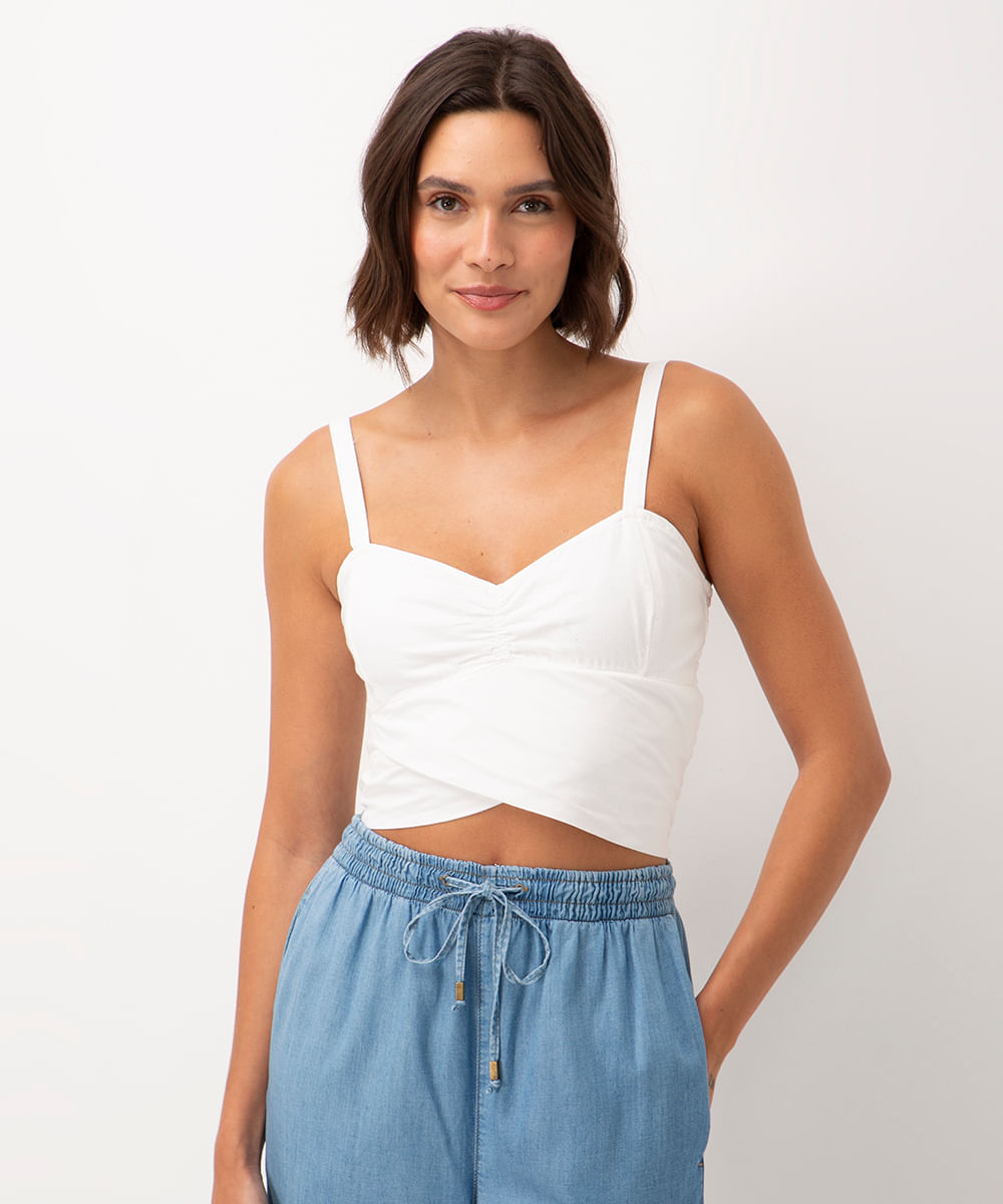 cropped de sarja com alça fina com franzido off white