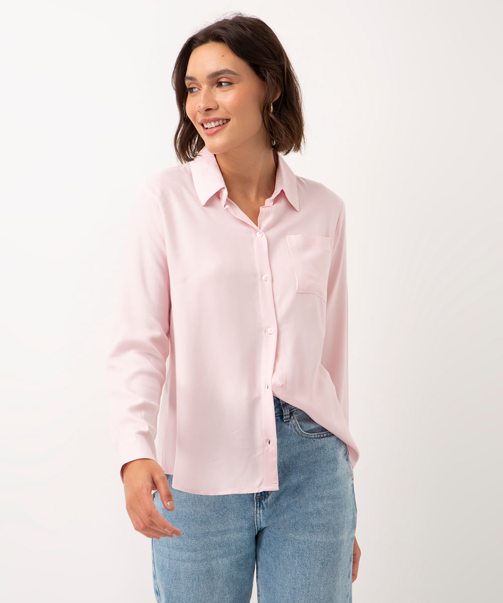 camisa de viscose com bolso manga longa rosa claro