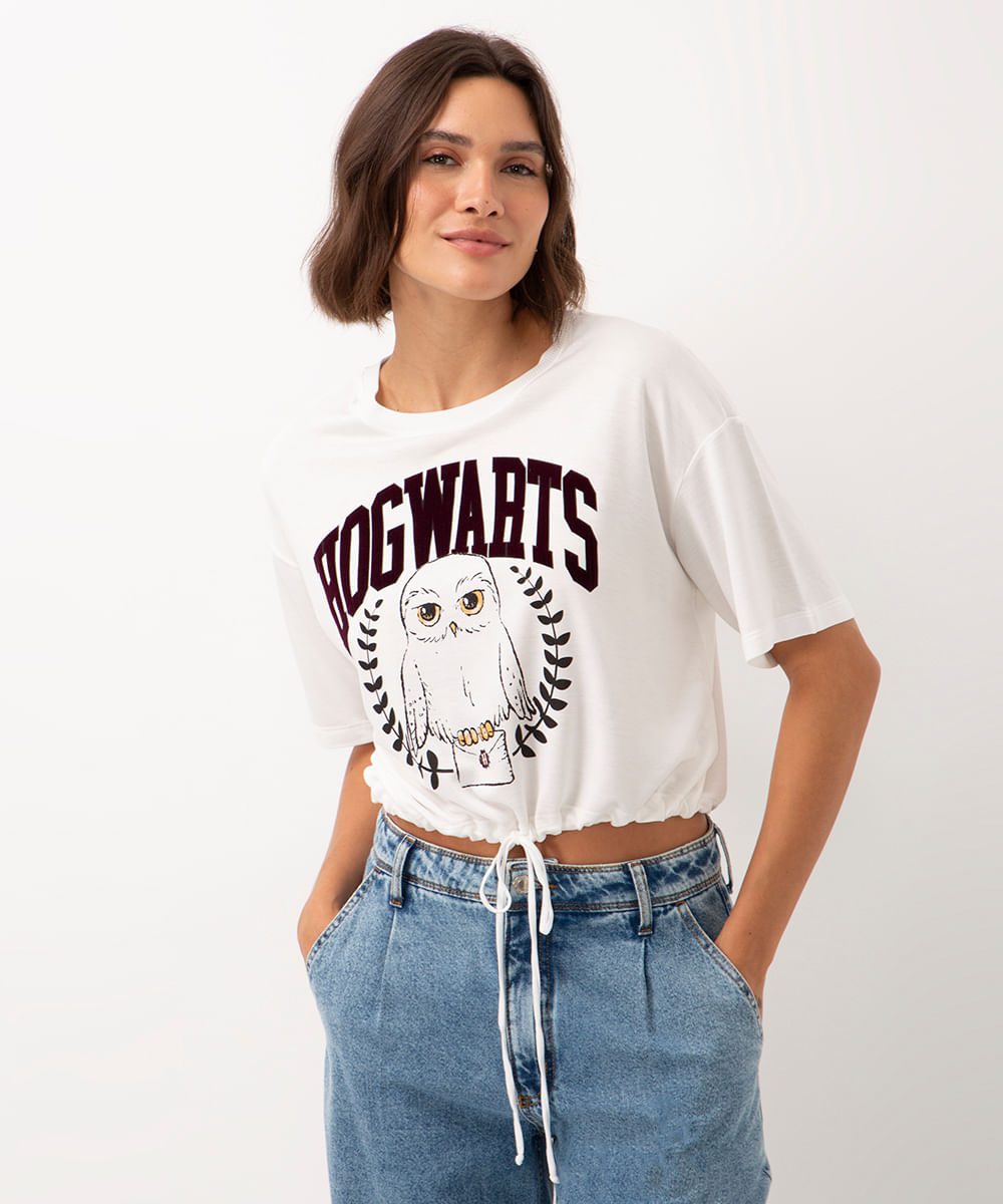 blusa de viscose hogwarts com cordão manga curta off white