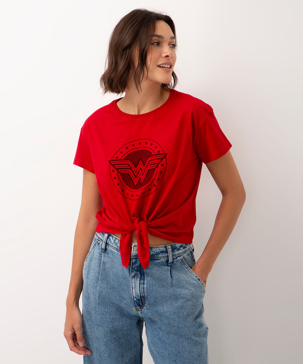 camiseta de algodão mulher maravilha com nó manga curta vermelho