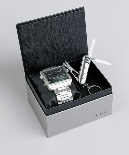 Kit-de-Relogio-Analogico-Lince-Masculino---Chaveiro-Canivete---KD41P1SX-Prateado-9396600-Prateado_1