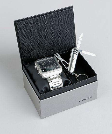 Kit-de-Relogio-Analogico-Lince-Masculino---Chaveiro-Canivete---KD41P1SX-Prateado-9396600-Prateado_1