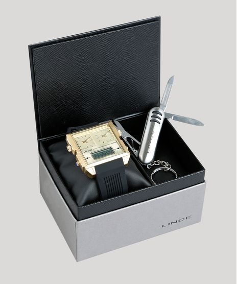 Kit-de-Relogio-Analogico-Lince-Masculino---Chaveiro-Canivete---KD42C1PX-Dourado-9396603-Dourado_1