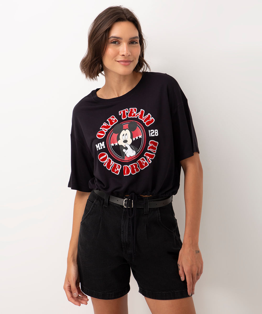 blusa de viscose mickey com cordão manga curta preto