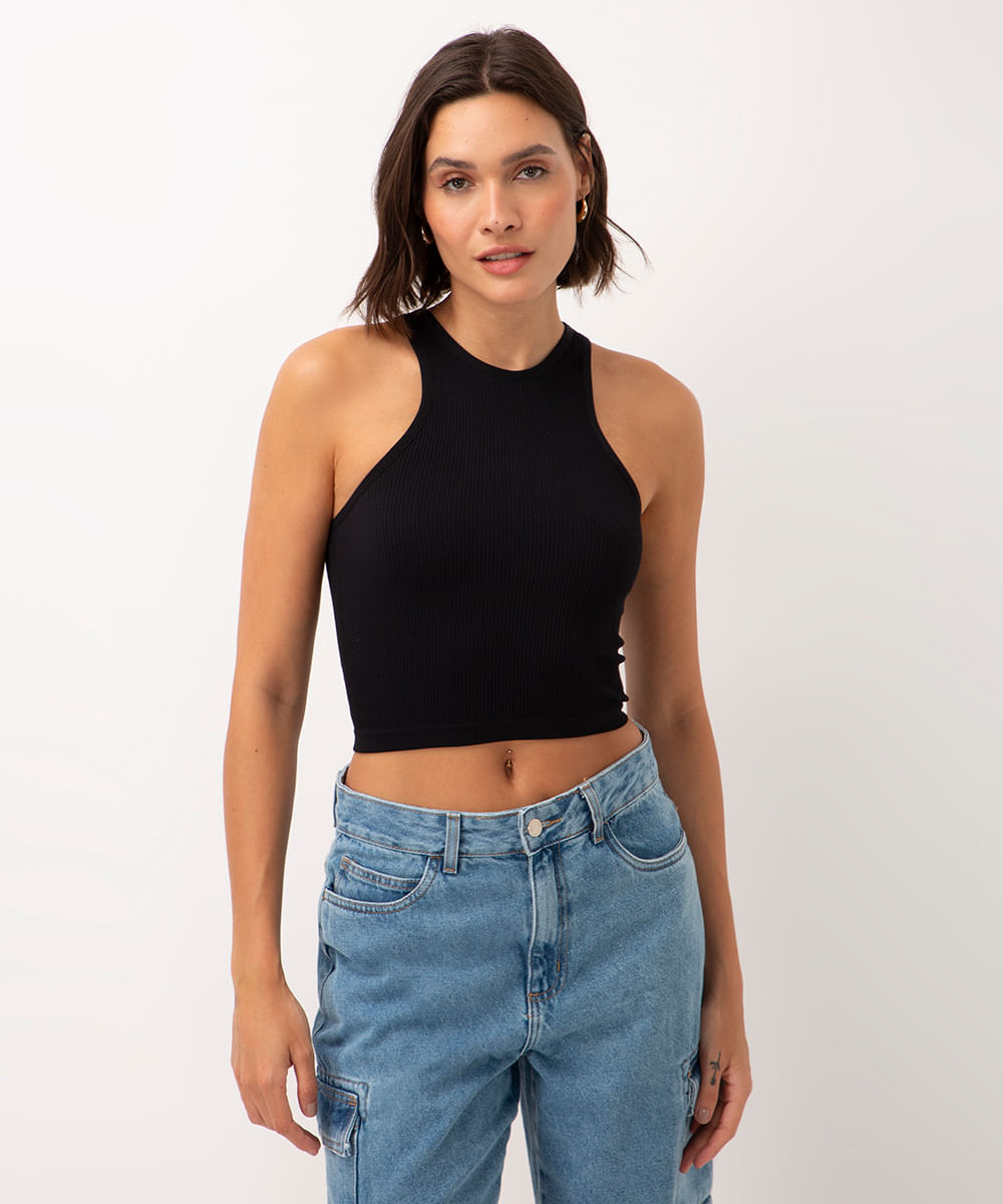 cropped de poliamida halter neck preto