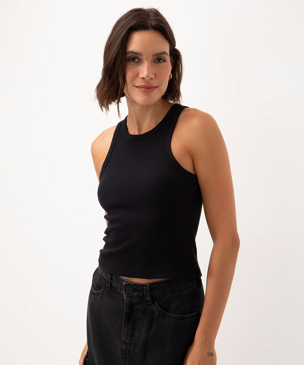 regata de algodão canelada alça média - preto