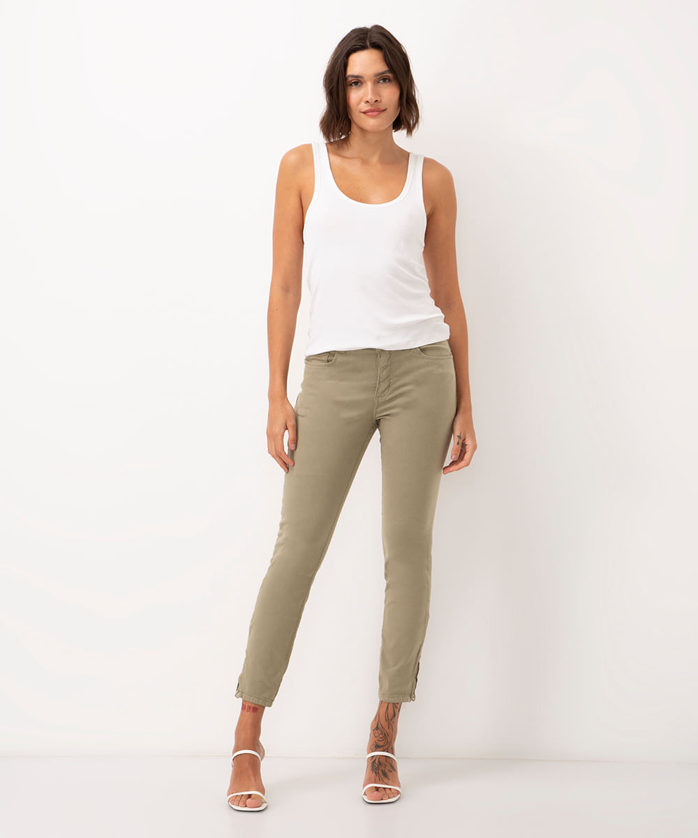 calça de sarja super skinny cintura média verde claro