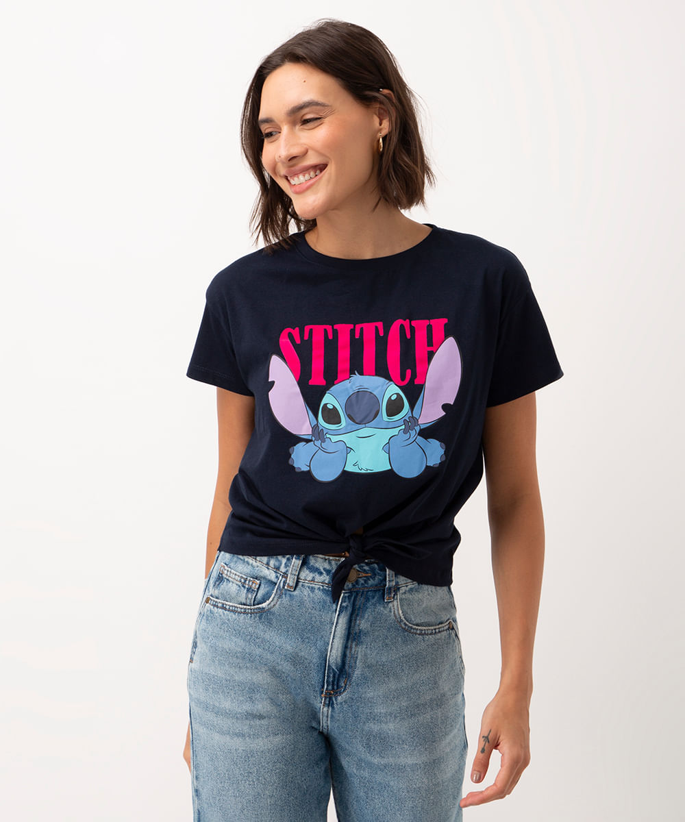 camiseta de algodão stitch manga curta azul marinho