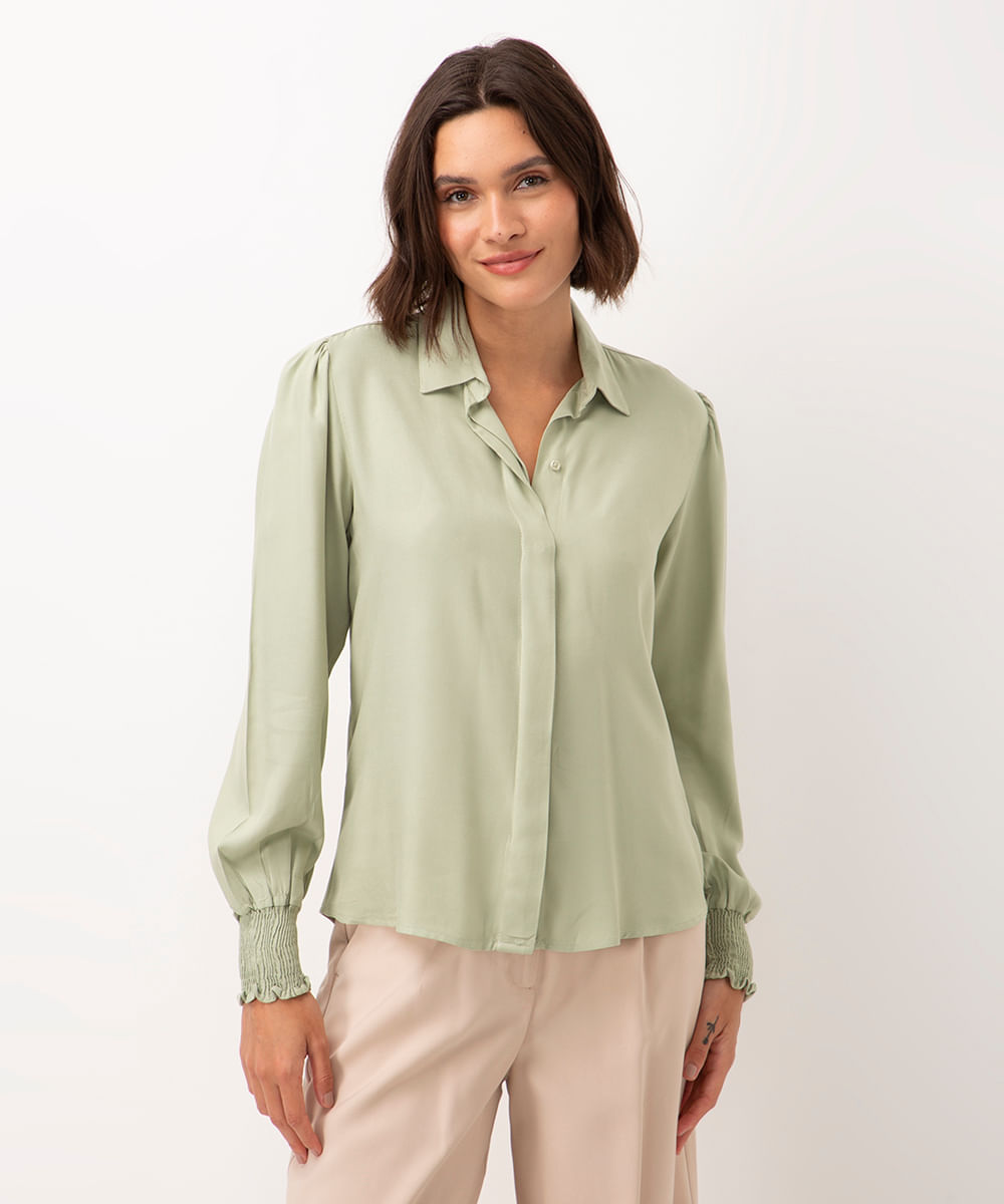 camisa de viscose manga longa verde claro