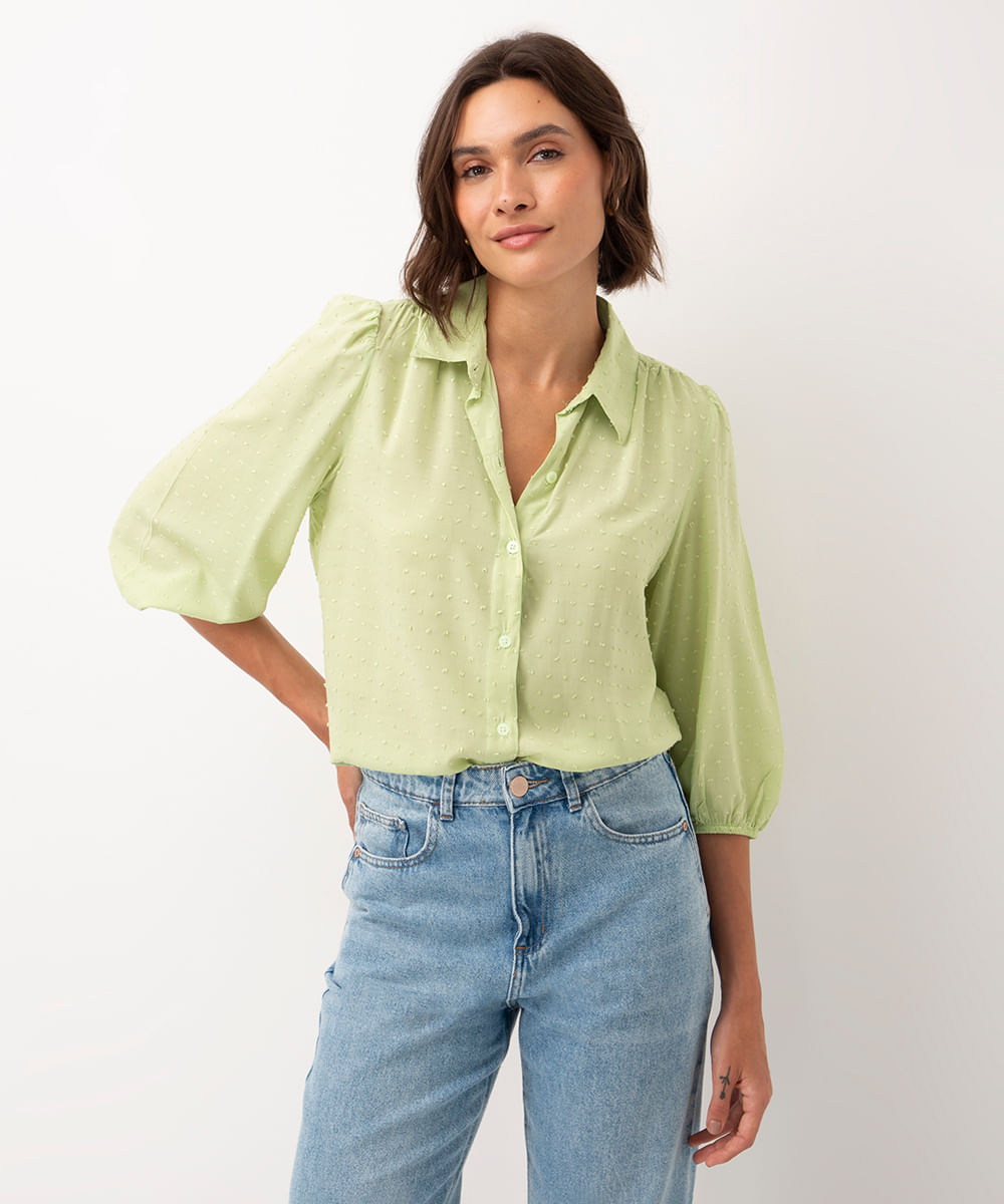 camisa de viscose texturizada manga longa verde claro