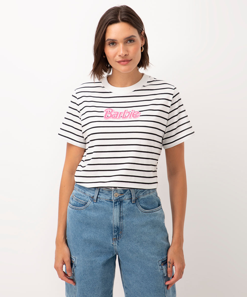 camiseta de algodão barbie listrada manga curta off white