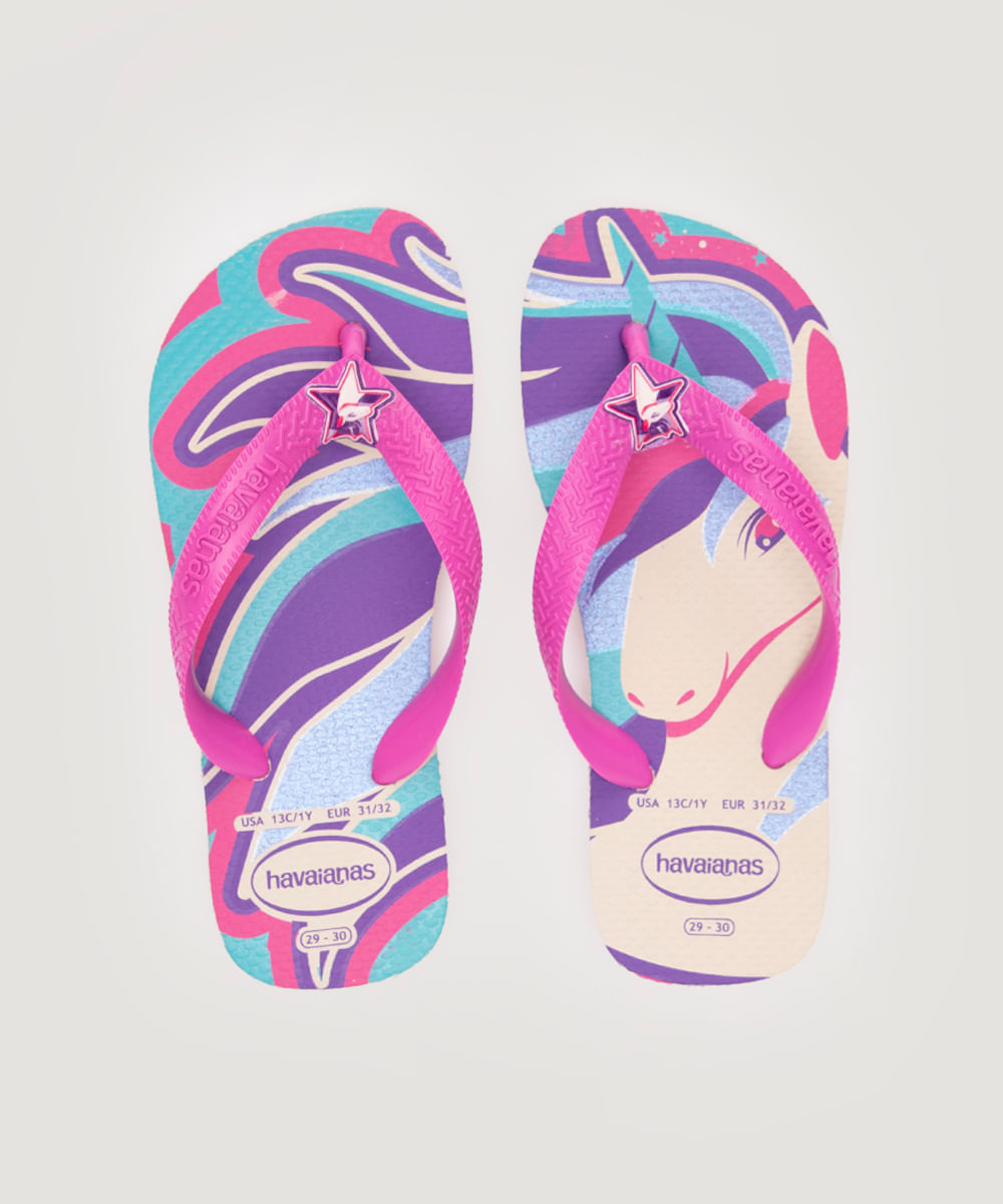 chinelo havaianas infantil fantasy unicórnio bege claro