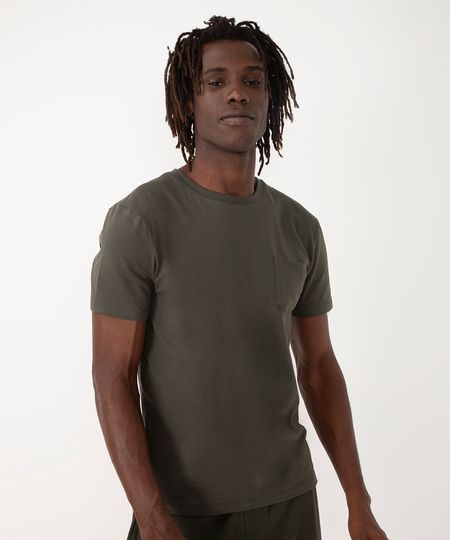 camiseta de algodão básica com bolsos manga curta verde militar P