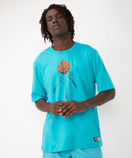 camiseta de algodão basquete manga curta azul P