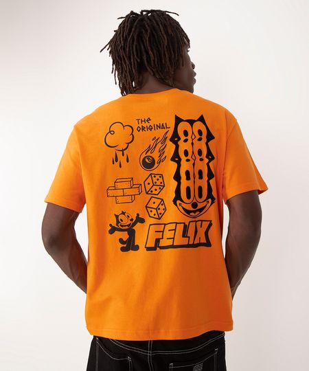 camiseta de algodão gato felix manga curta laranja P camiseta de algodão gato felix manga curta laranja P