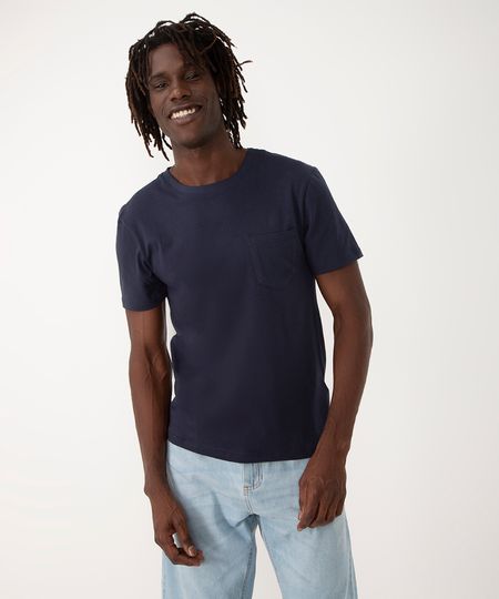camiseta de algodão básica com bolsos manga curta azul escuro P