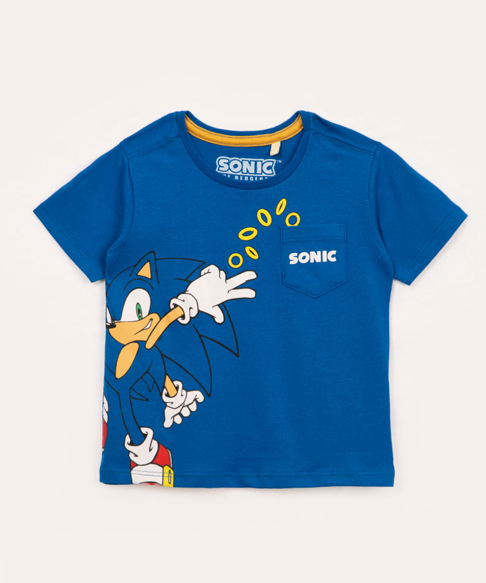 camiseta infantil de algodão sonic azul