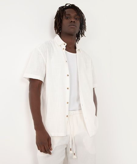 camisa de algodão texturizada manga curta branca PP