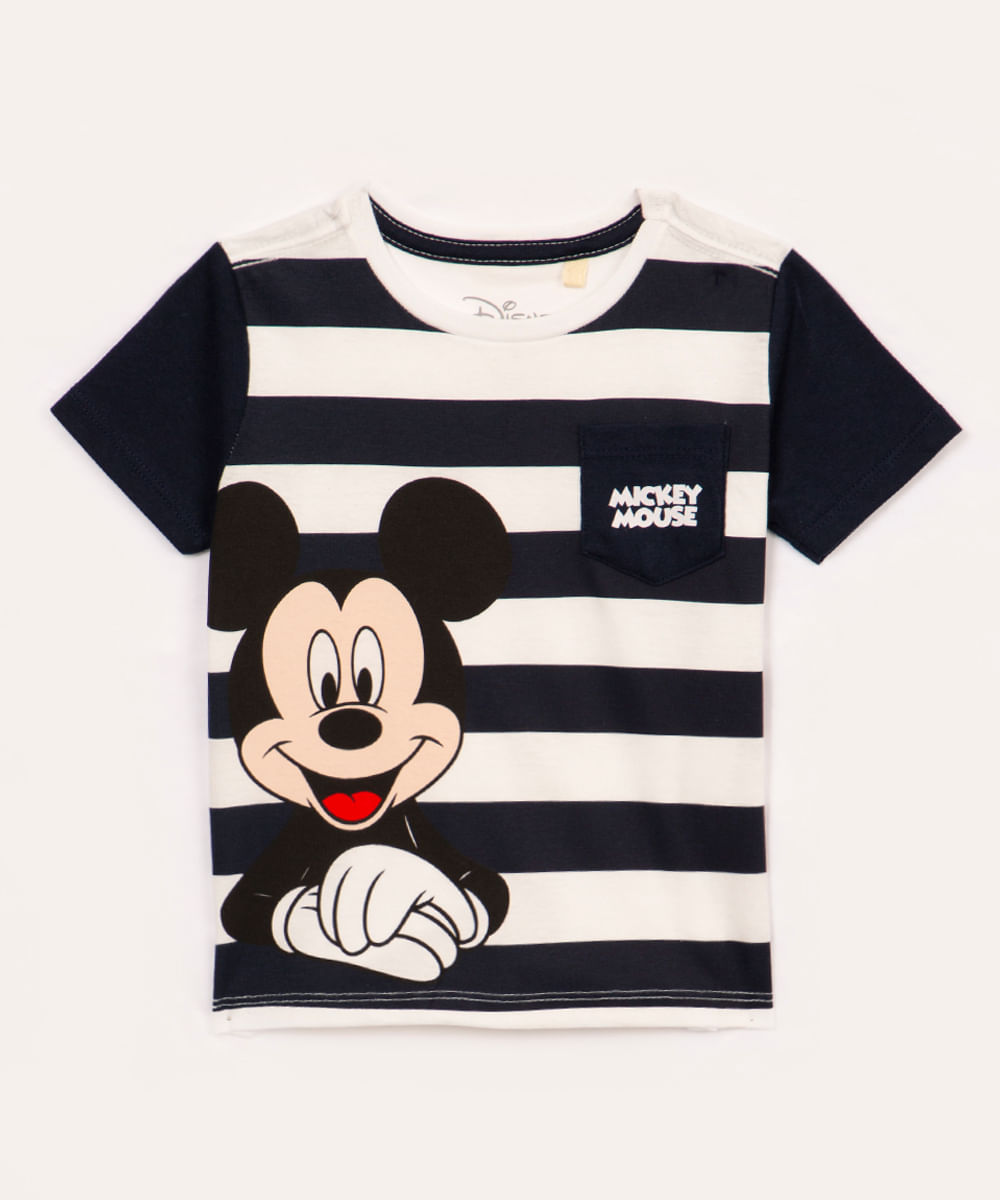 camiseta de algodão infantil mickey com bolso manga curta azul marinho