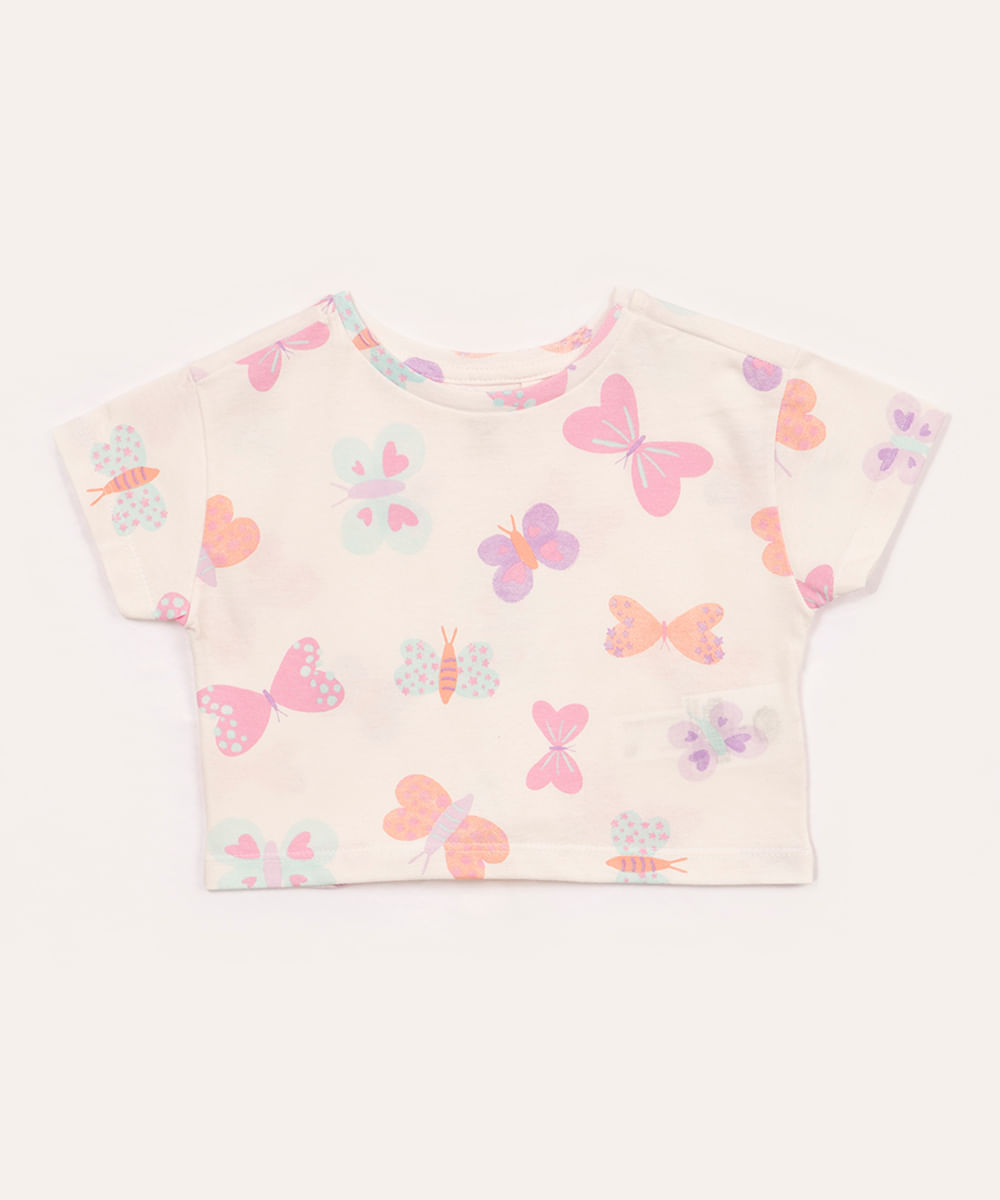 blusa de algodão infantil borboletas manga curta off white