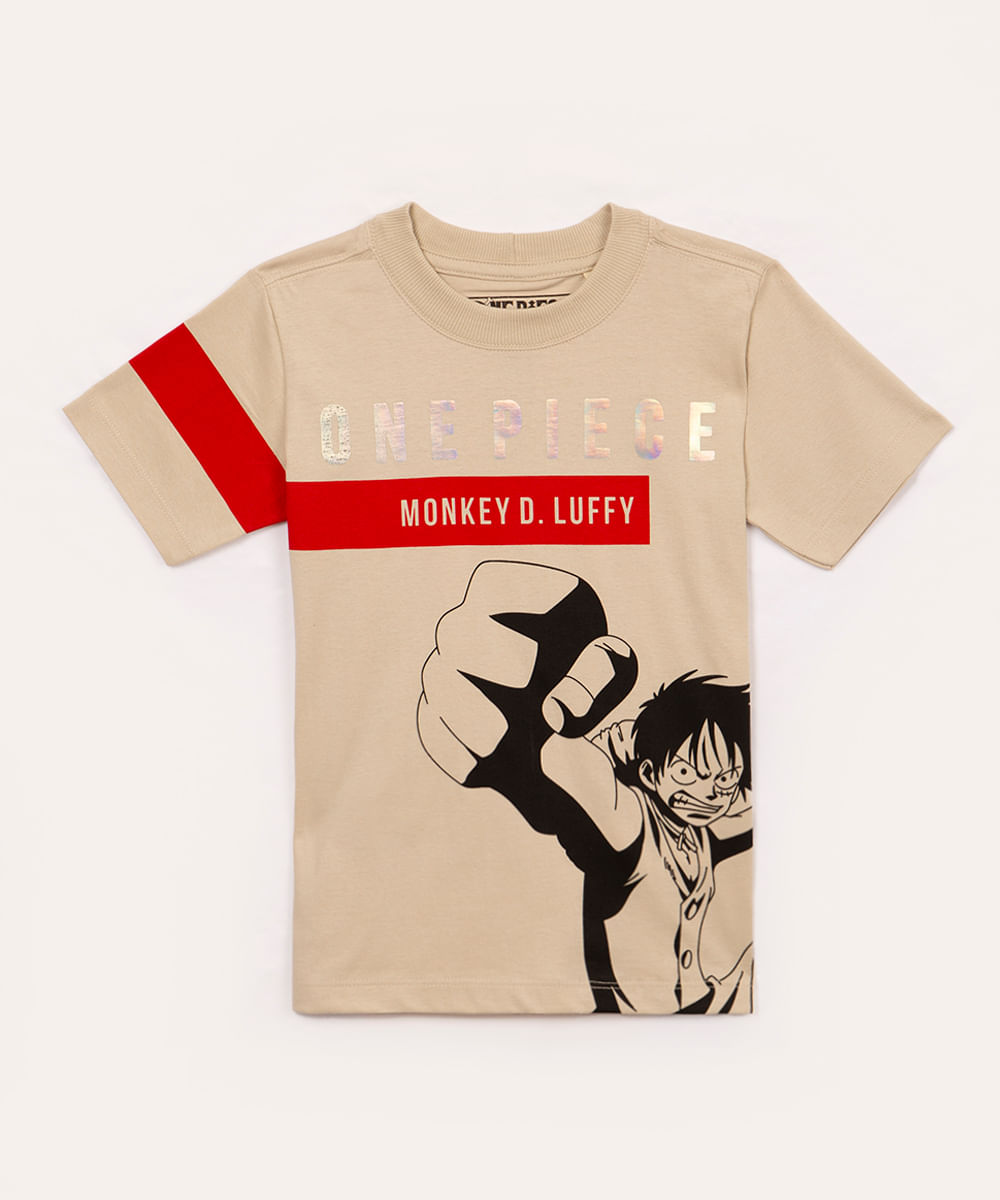 camiseta de algodão infantil one piece manga curta bege médio