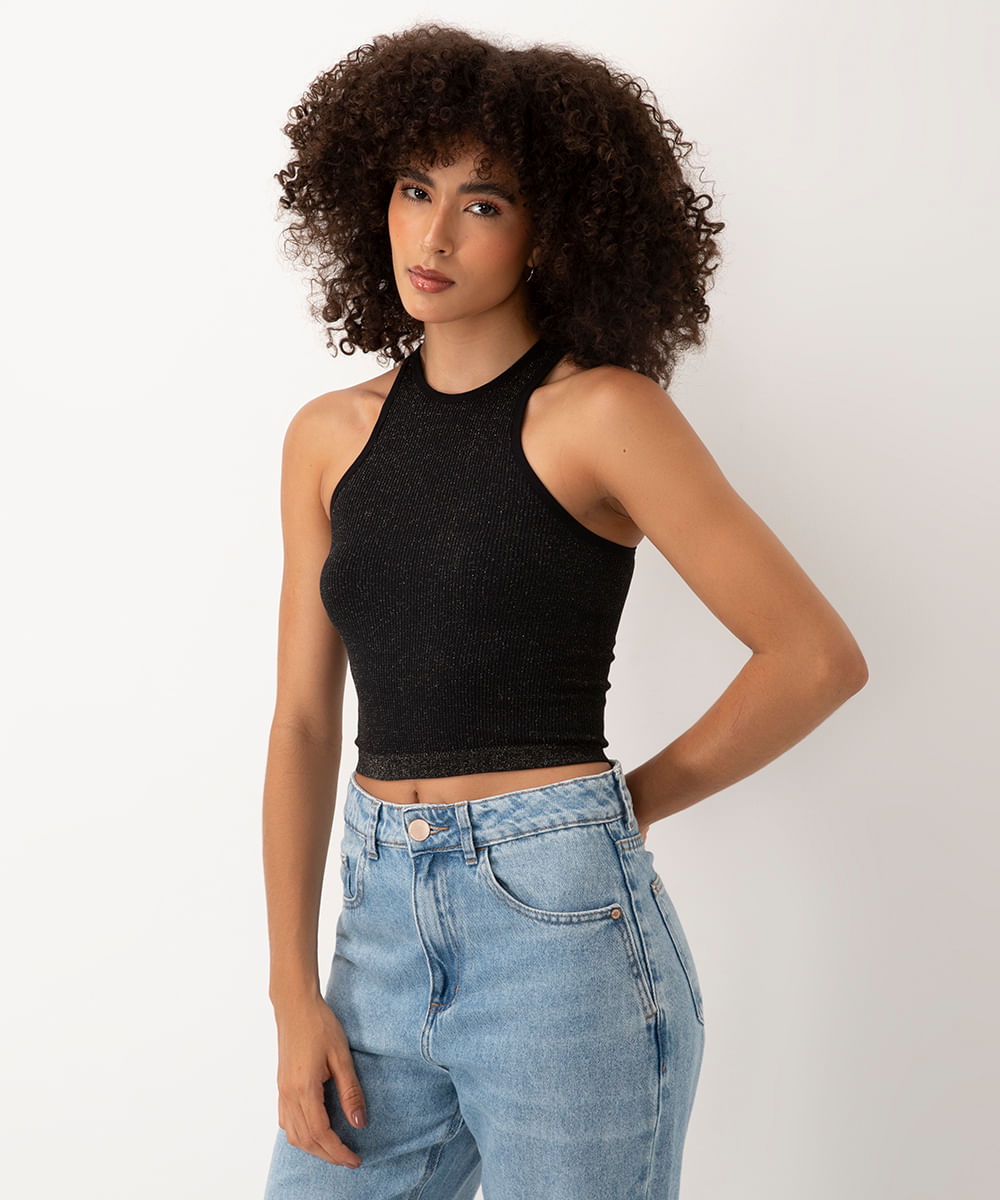 cropped lurex halter neck alça média preto