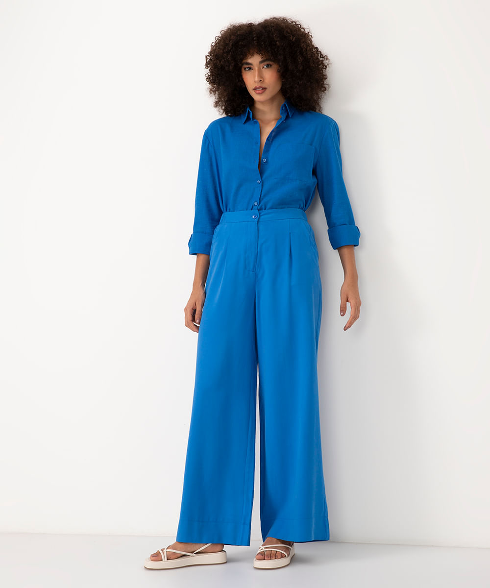 calça wide leg de viscose cintura alta com elástico azul