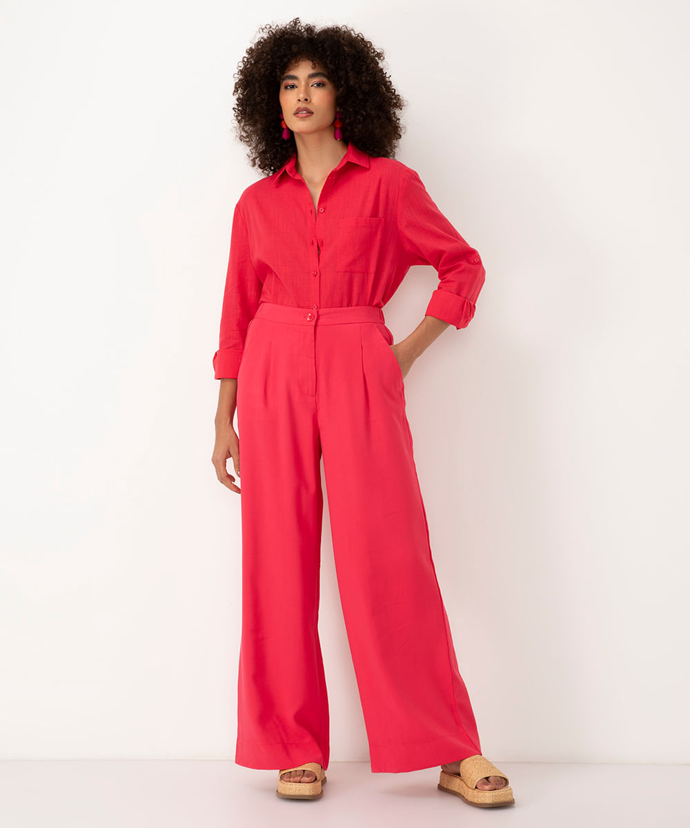 calça wide leg de viscose cintura alta com elástico pink