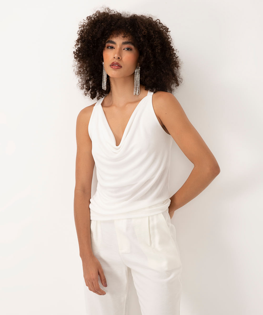 regata de malha com brilho decote degagê halter neck off white