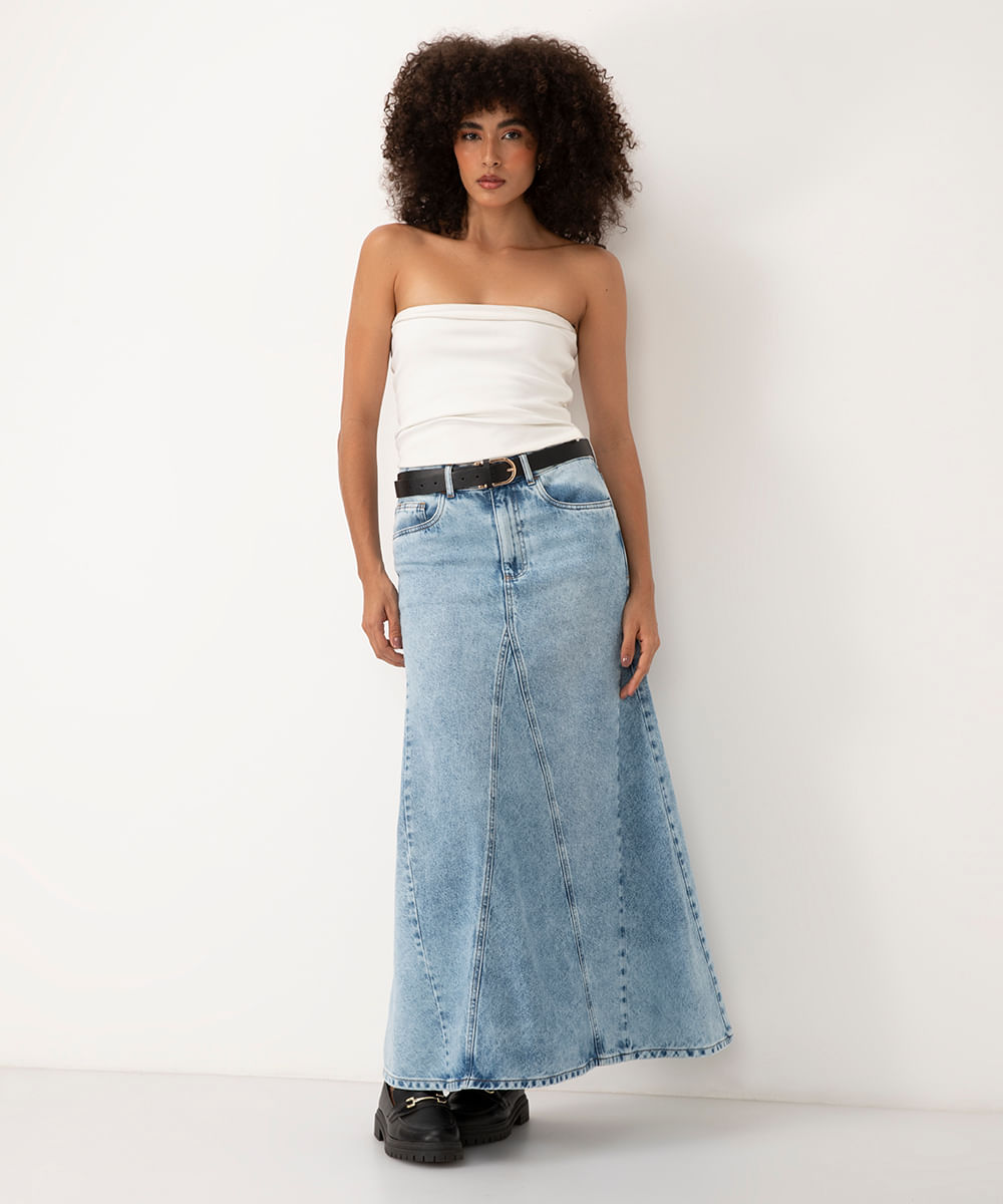 saia jeans midi cintura alta com recortes azul médio