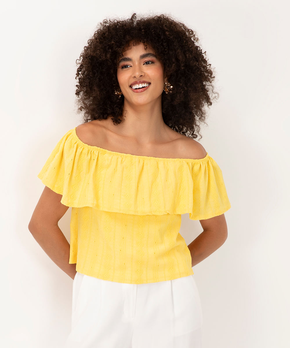 blusa de laise ombro a ombro com babado amarelo