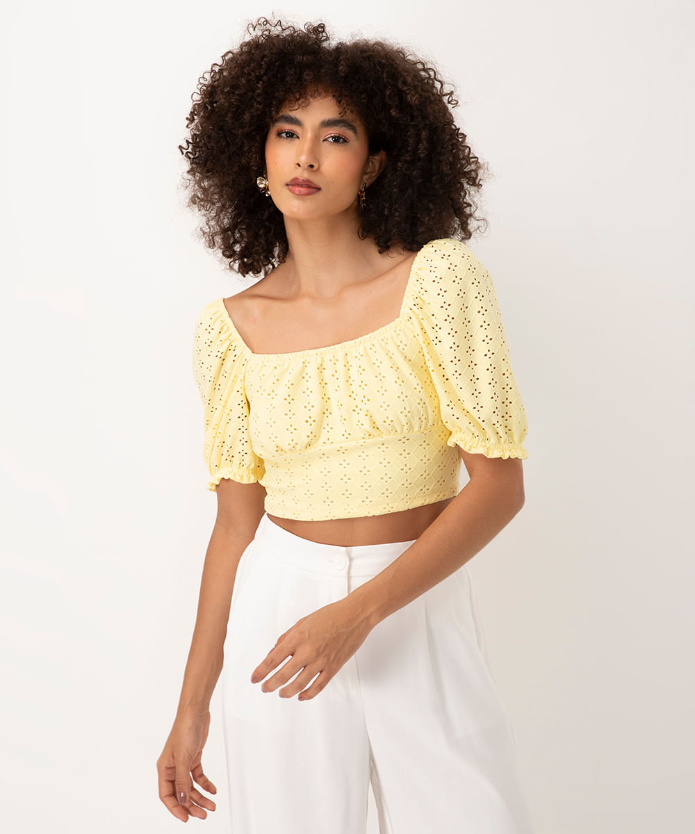 blusa cropped de laise manga bufante amarelo