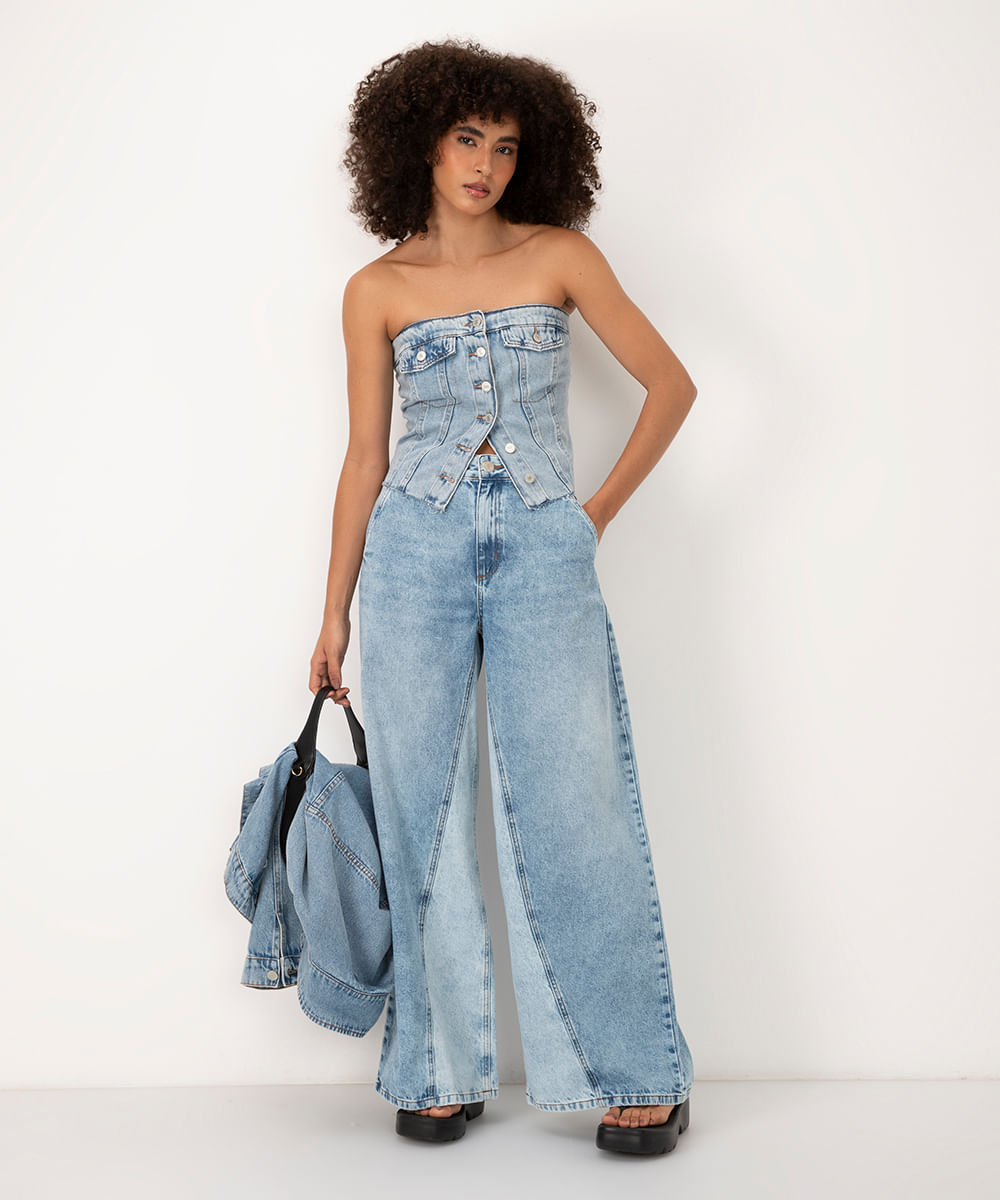 calça jeans wide leg cintura média azul médio