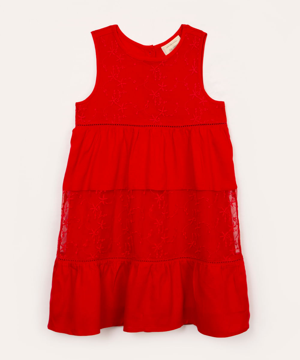 vestido de viscose infantil com tule bordado e recortes vermelho