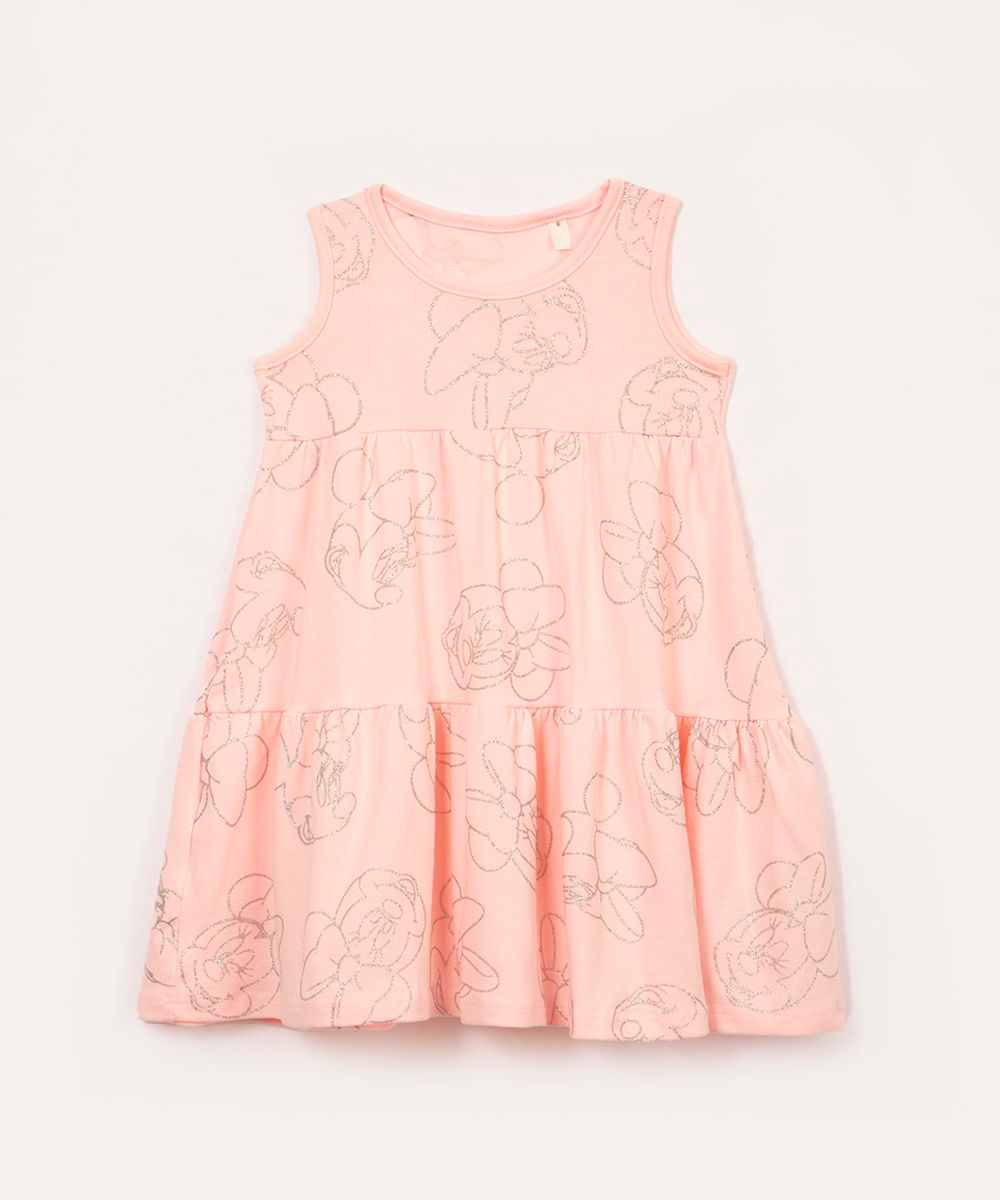 vestido de algodão infantil minnie com brilho rosa