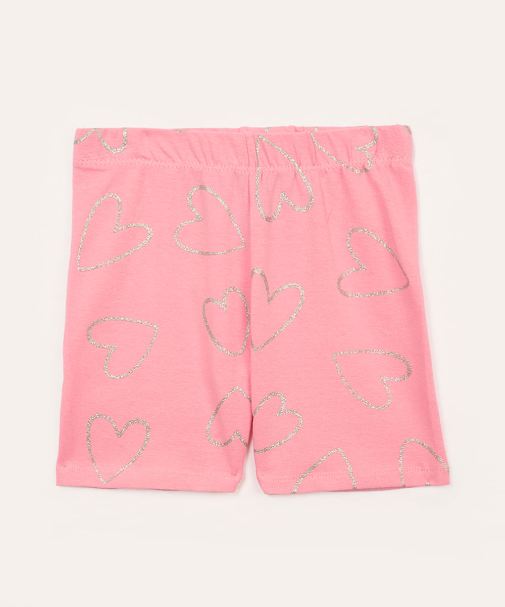 short de algodão infantil corações com brilho rosa