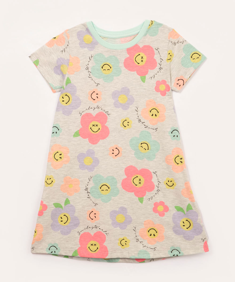 camisola de algodão infantil smile floral manga curta cinza mescla