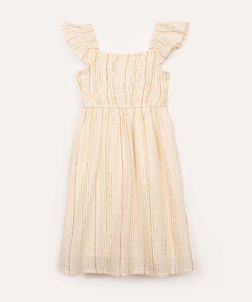vestido de algodão infantil listrado metalizado com babado off white