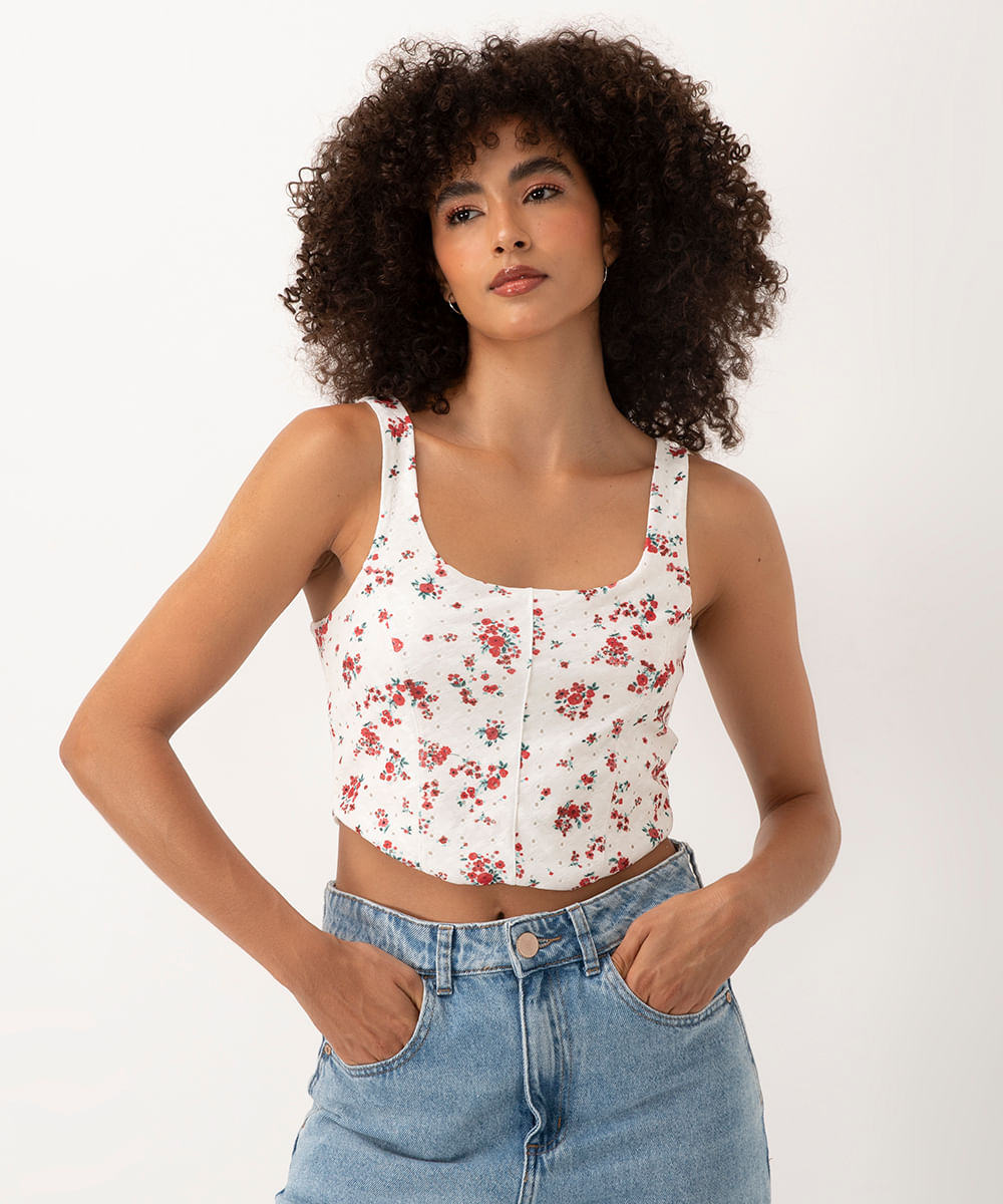 cropped de laise recorte corset floral off white