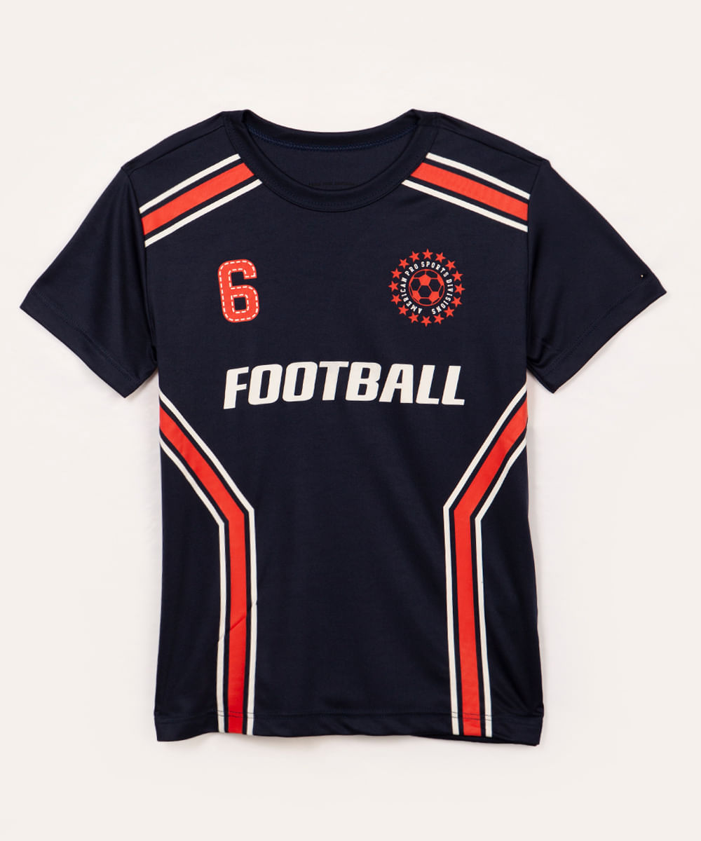 camiseta esportiva infantil football manga curta azul escuro