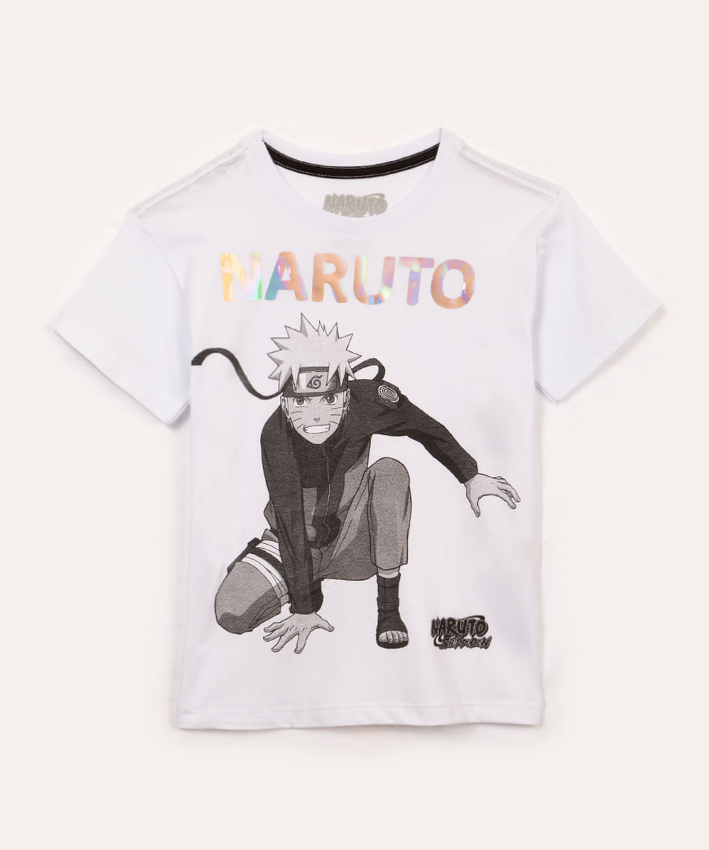 camiseta de algodão infantil naruto manga curta branco