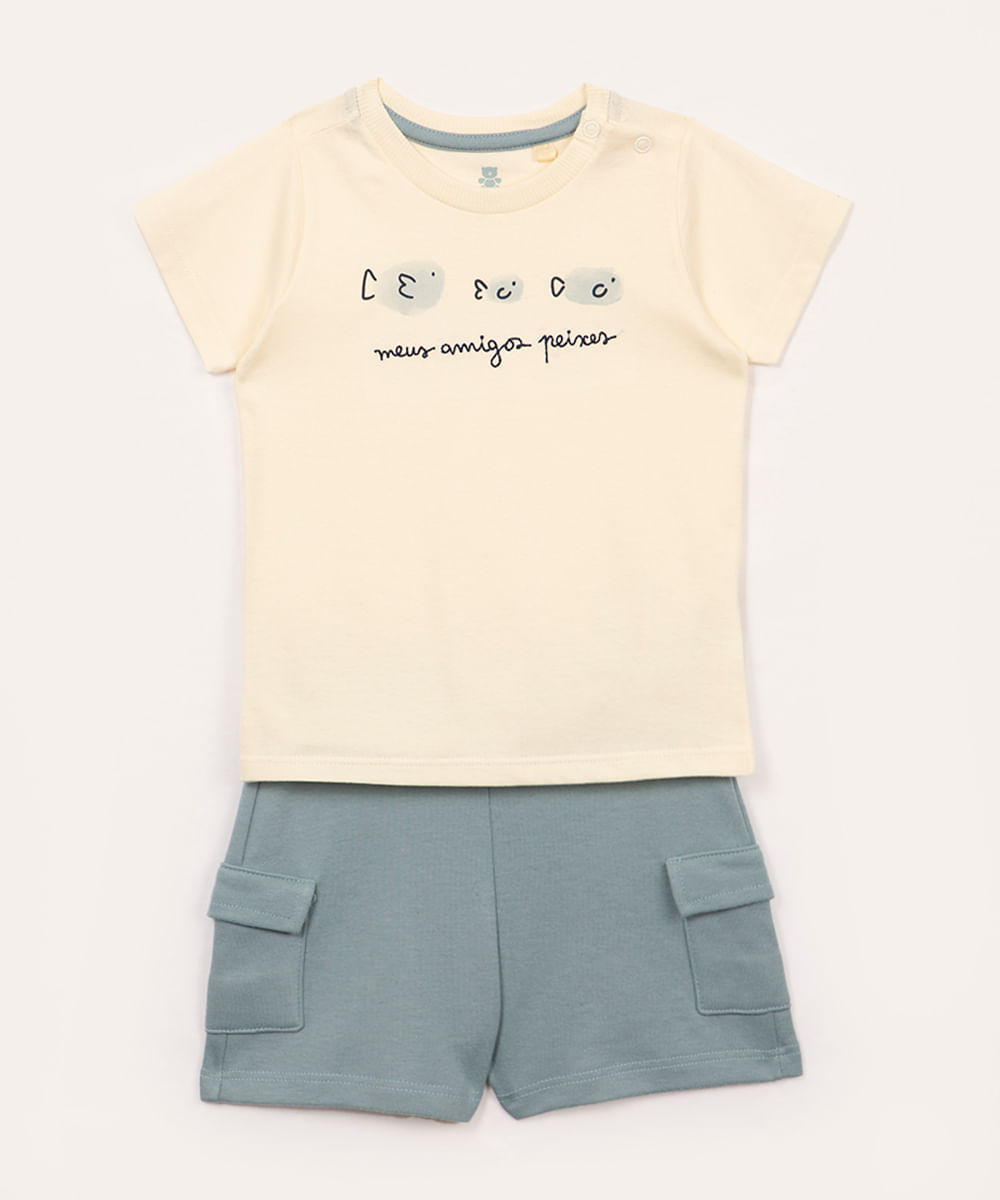 conjunto de algodão infantil peixes manga curta off white