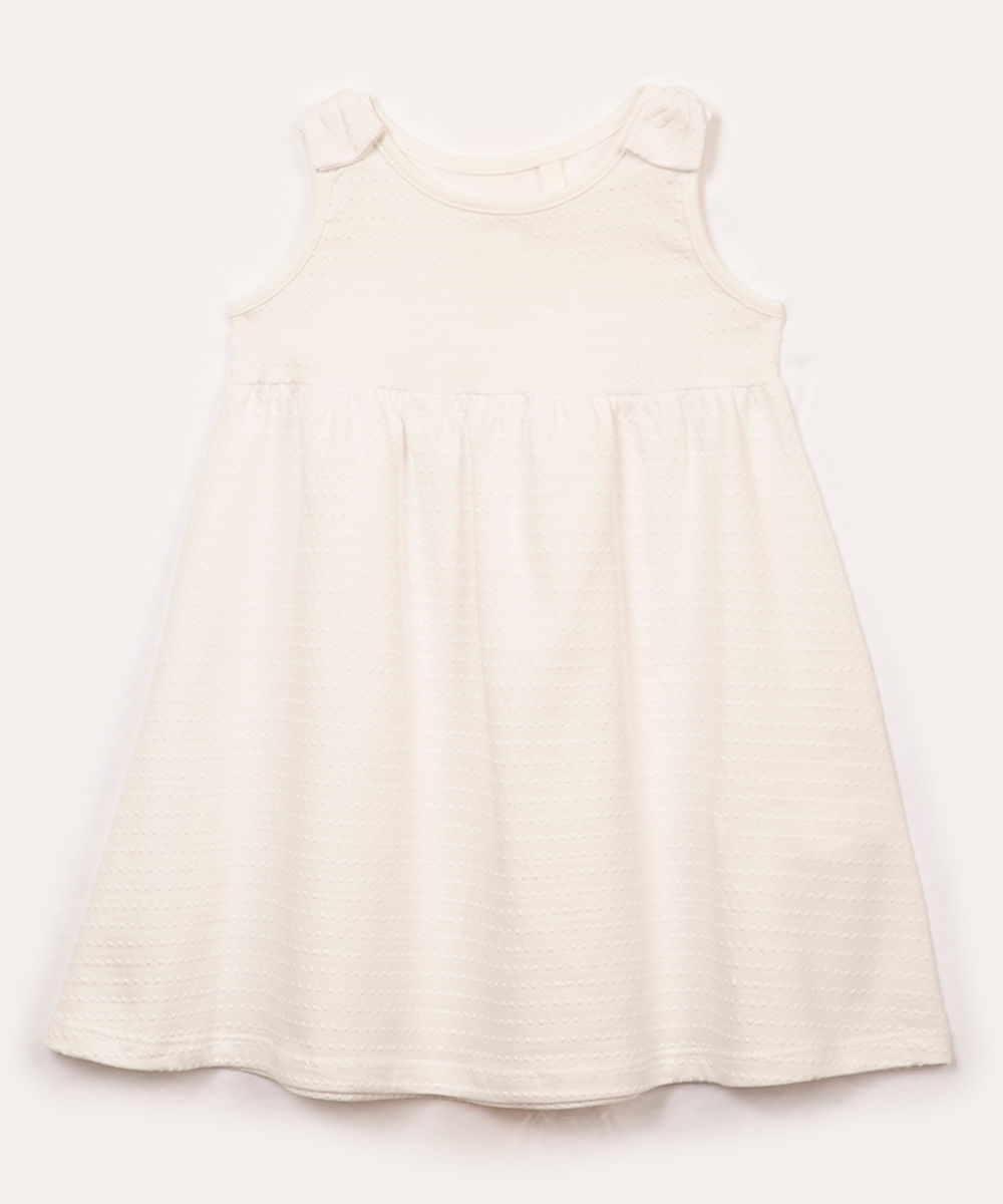 vestido de algodão infantil texturizado alça média com laço off white