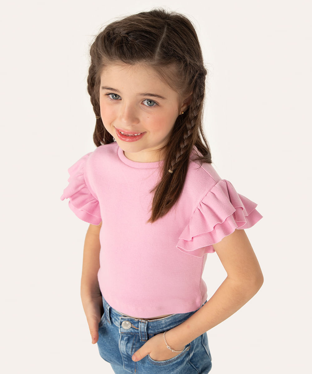 blusa infantil de algodão manga curta em babados rosa