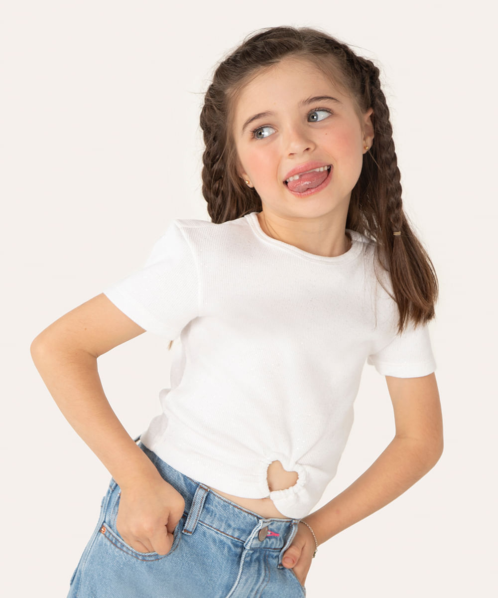 blusa infantil glitter coração manga curta off white