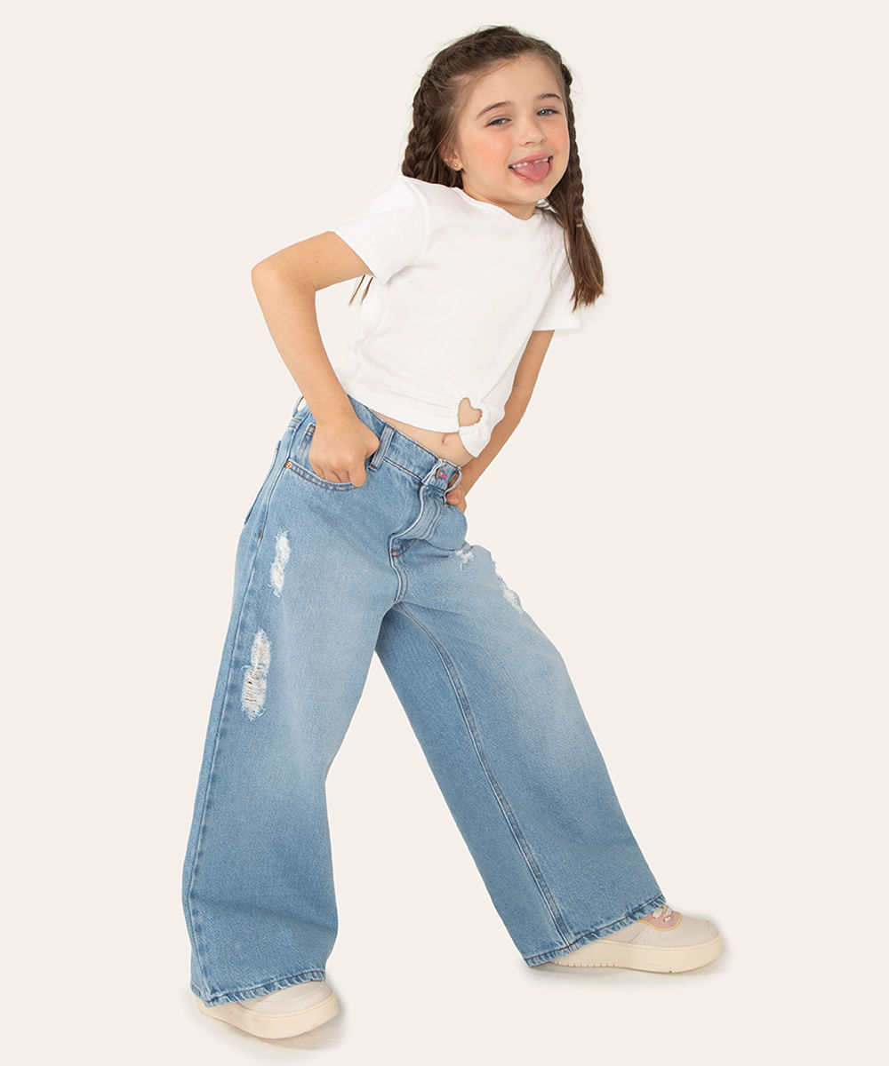 calça jeans wide leg infantil com rasgos azul médio