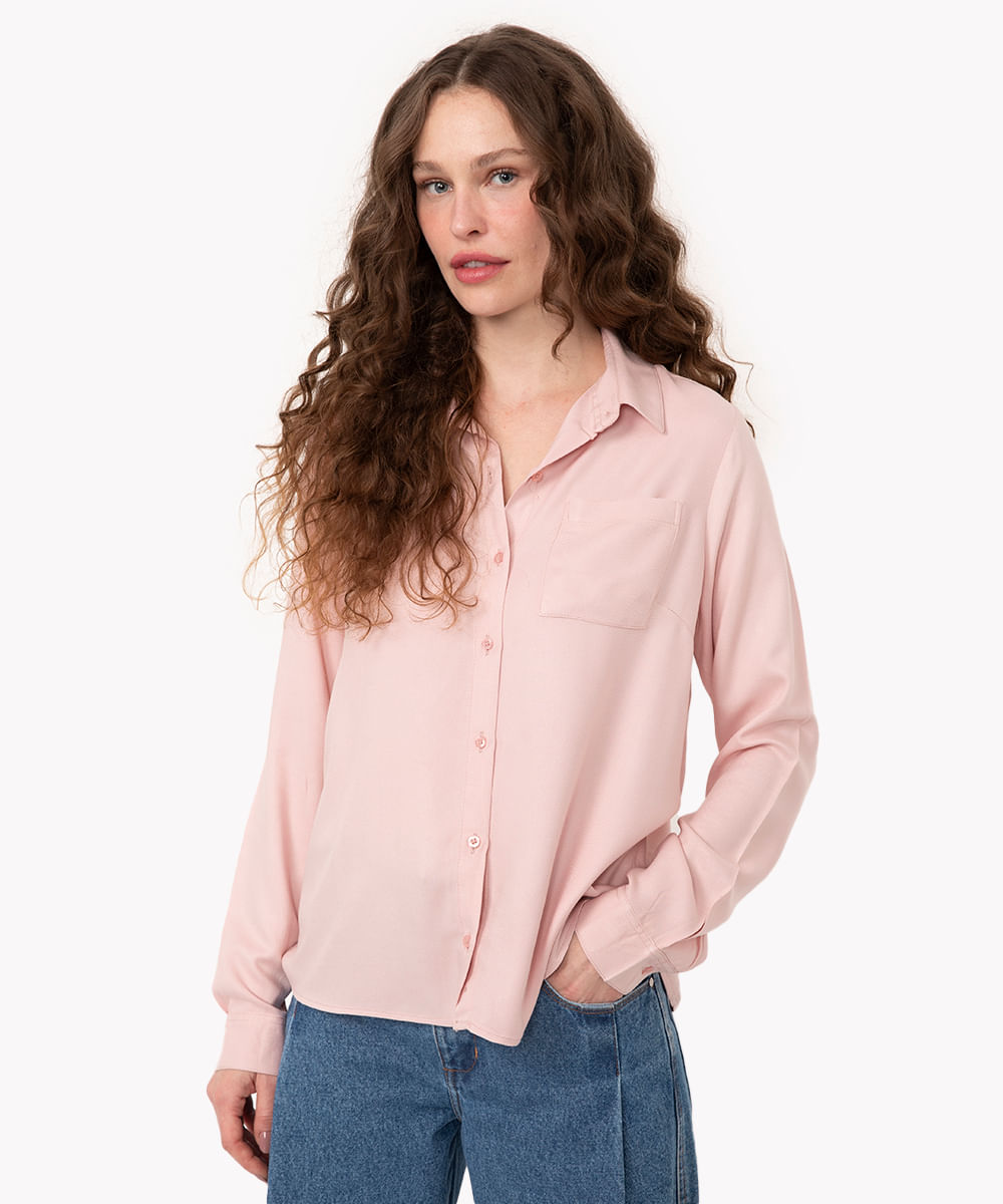 camisa de viscose com bolso manga longa rosa